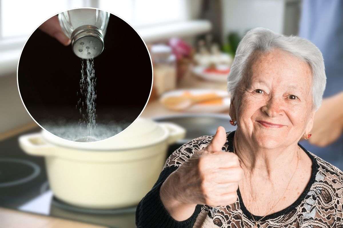 Nonna fa gesto dell'ok e versamento sale